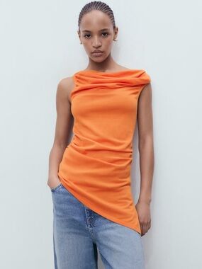 Mango Orange One-Shoulder Draped knitted top NWT